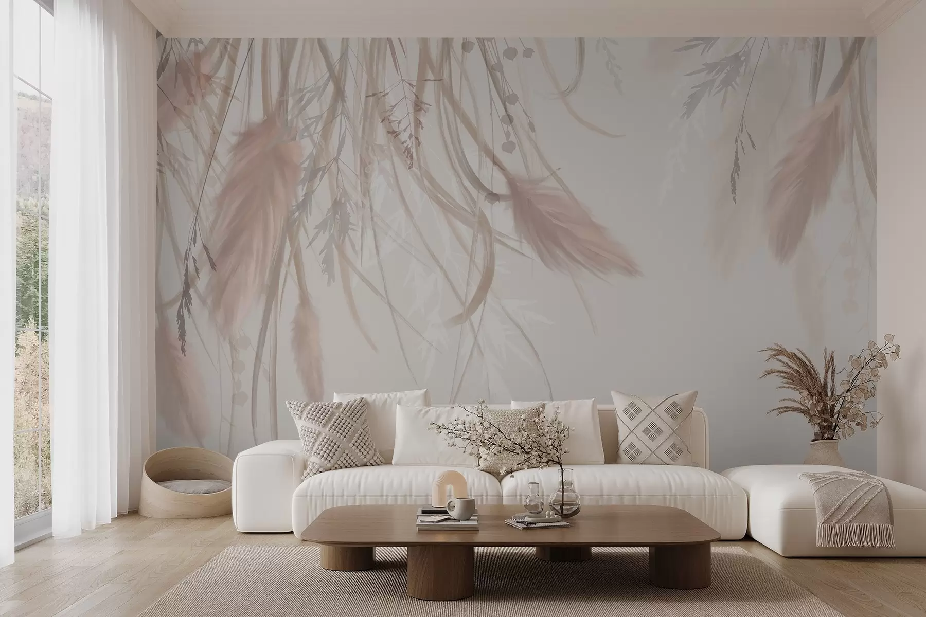 murales de pared Suave hierba de la pampa y espiguillas en tonos beige y rosa sobre un fondo claro w08611