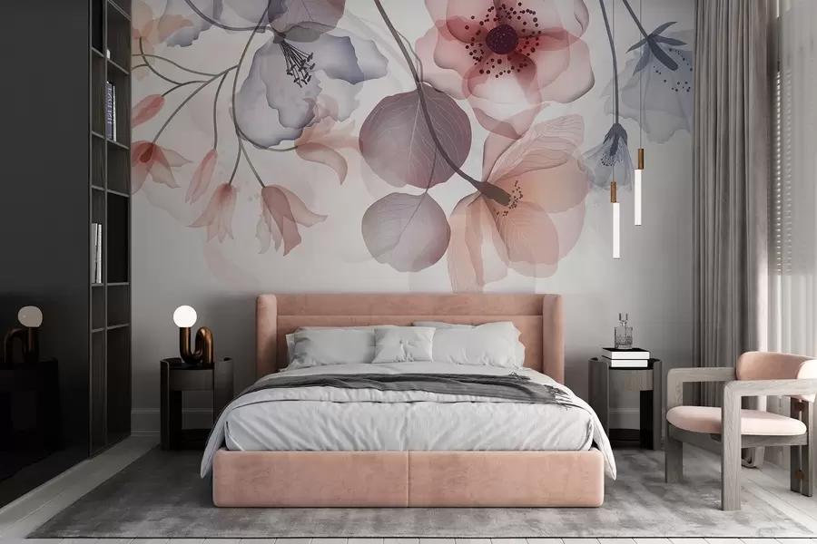 murales de pared Delicadas flores translúcidas rosas y grises con pétalos suaves y centros oscuros, sobre un fondo claro w08613