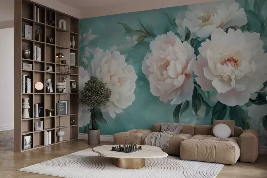 murales de pared grandes flores de exuberantes peonías sobre fondo turquesa w02763