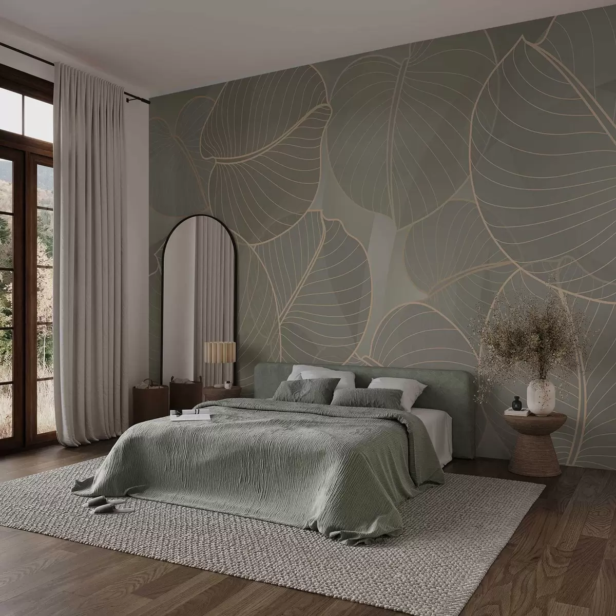 murales de pared follaje lineal del lirio de agosto en tonos beige w02768