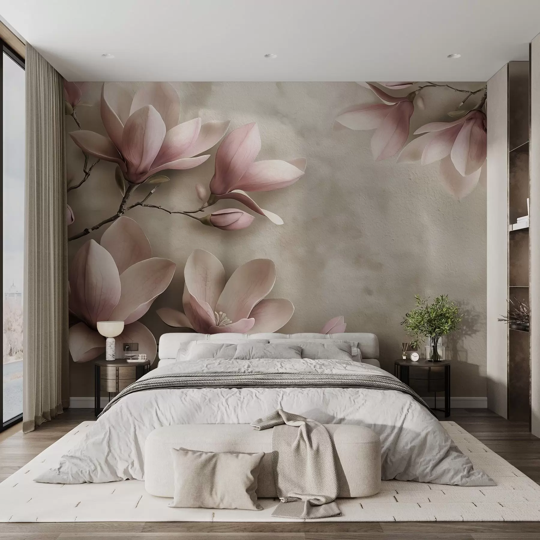 murales de pared Delicadas magnolias rosas sobre un muro de hormigón en tonos sepia w08636v2