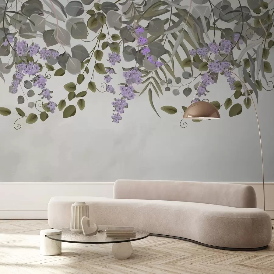 murales de pared hojas verdes y flores moradas colgando w02805