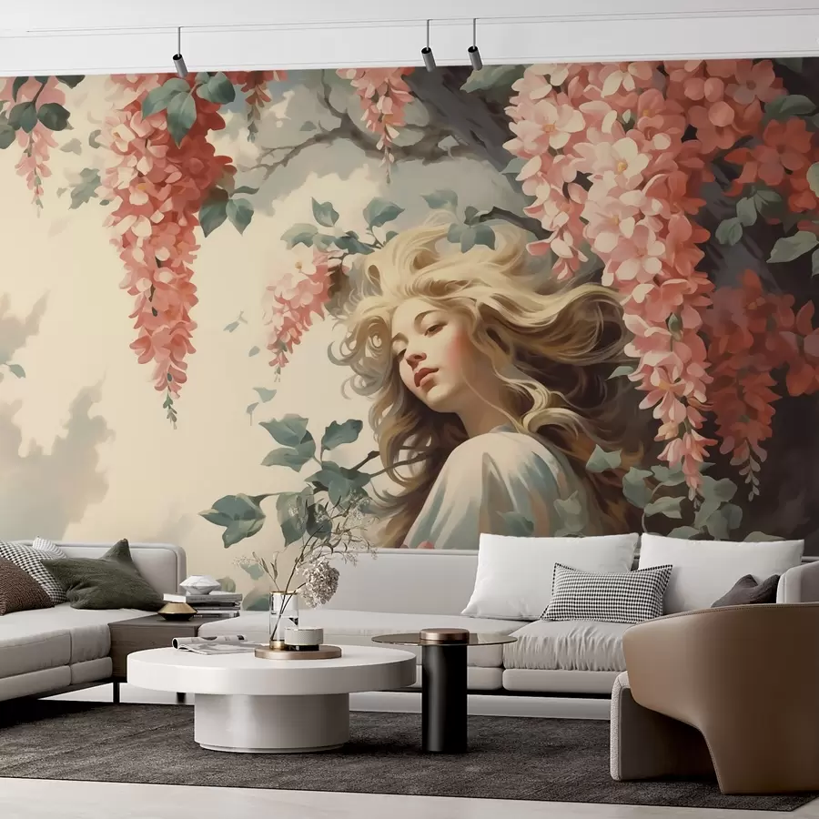 murales de pared Retrato abstracto de una niña bajo un árbol con flores w02795