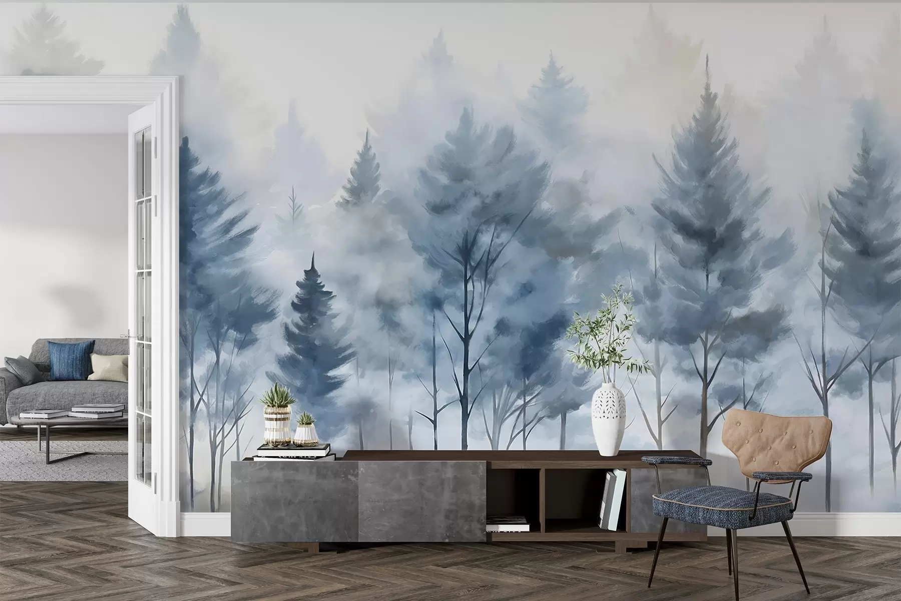 murales de pared Un paisaje de bosque brumoso con altos pinos y árboles caducifolios desnudos en primer plano acuarela imitación arte w08643