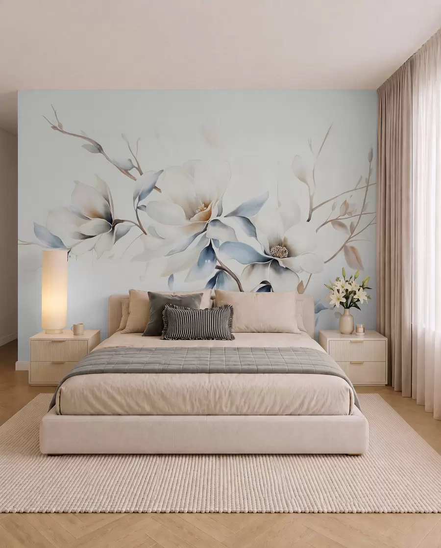 murales de pared Magnolia en azul y crema w08644