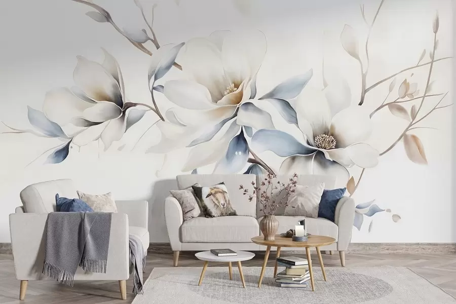 murales de pared Delicadas flores blancas de magnolia con suaves pétalos azules sobre un fondo claro acuarela imitación minimalismo  w08644