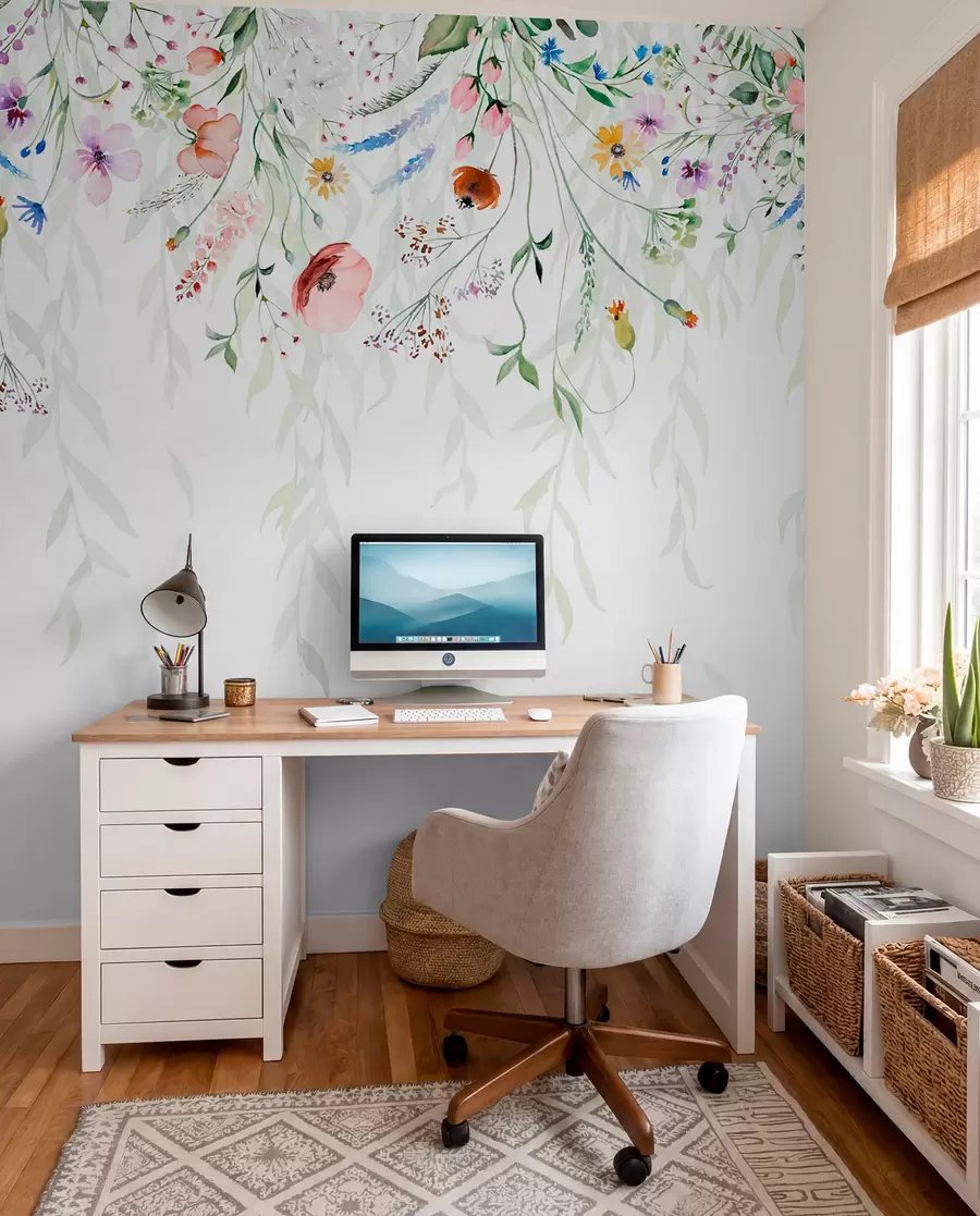 murales de pared Un colorido estampado floral en cascada con varias flores, hojas y plantas en estilo acuarela   w08646