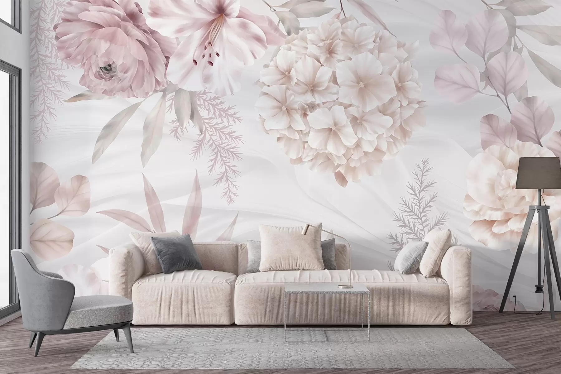 murales de pared Un estampado floral suave y abstracto con grandes flores rosas y blancas, delicadas hojas y una paleta de colores pastel apagados w08651
