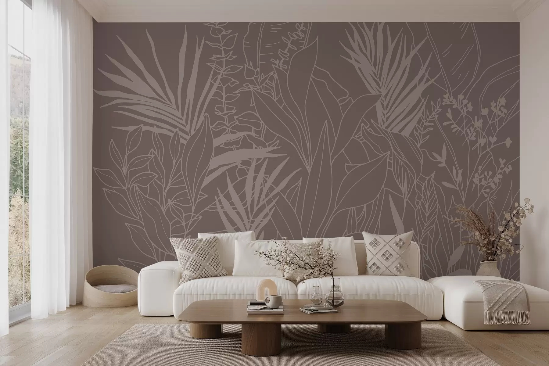 murales de pared Arte lineal botánico sobre un fondo de color burdeos claro w02775v2