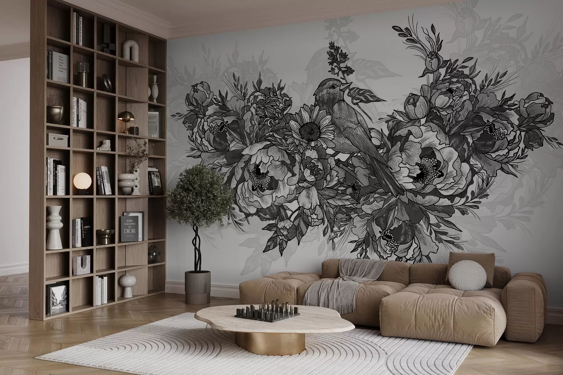 murales de pared Composición monocroma de flores y pájaros w02834