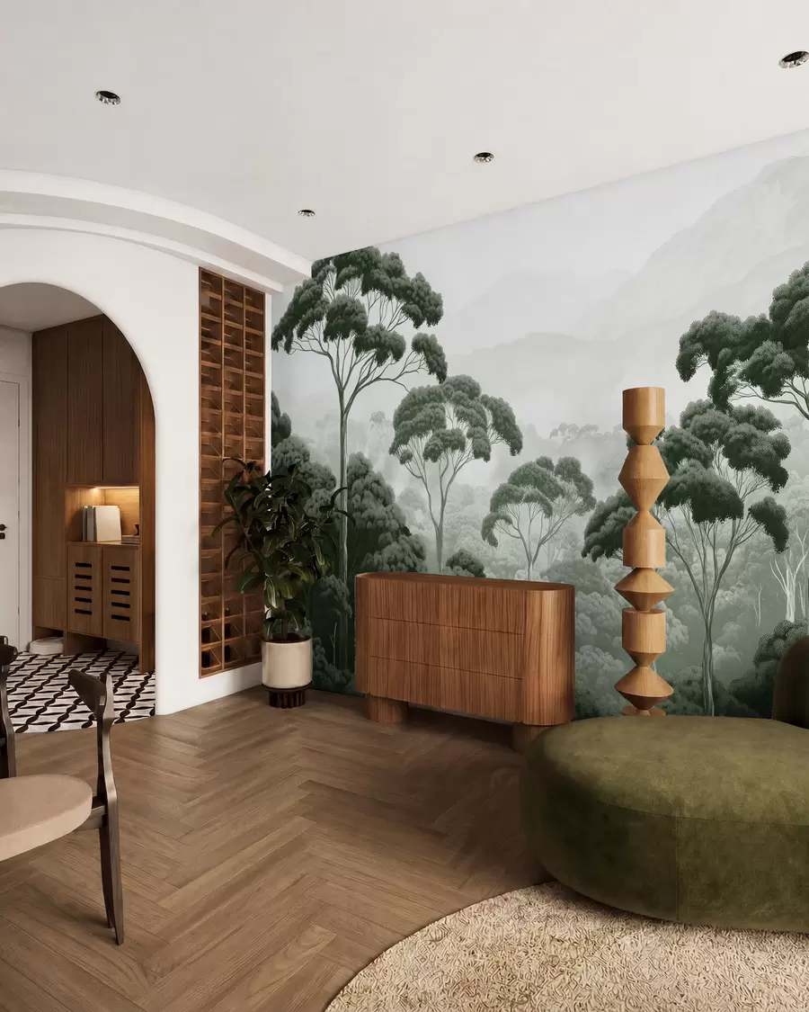 murales de pared Selva, montañas, tropical, naturaleza, grandes árboles, colores verde oscuro w02739v1