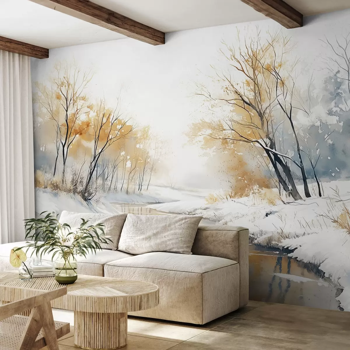 murales de pared Paisaje invernal de río con bosque, dibujo estilo acuarela w02743