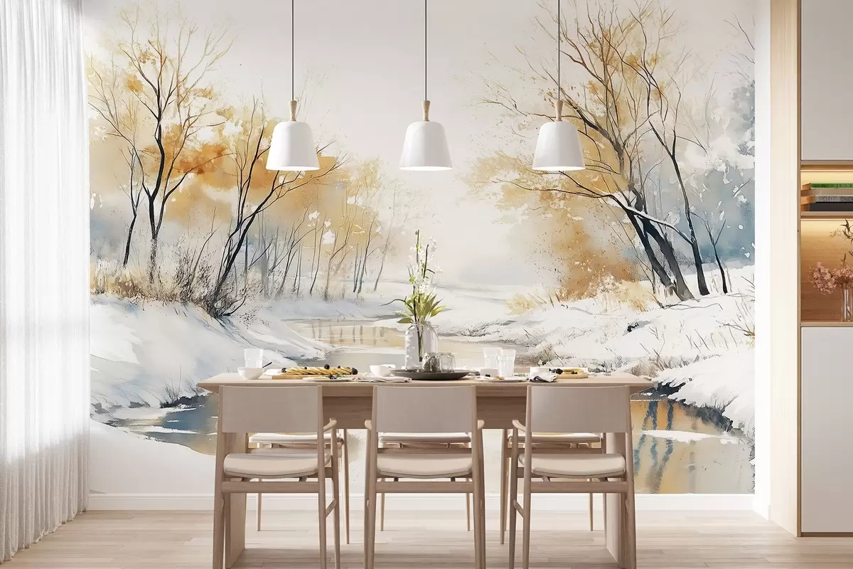 murales de pared Paisaje invernal de río con bosque, dibujo estilo acuarela w02743