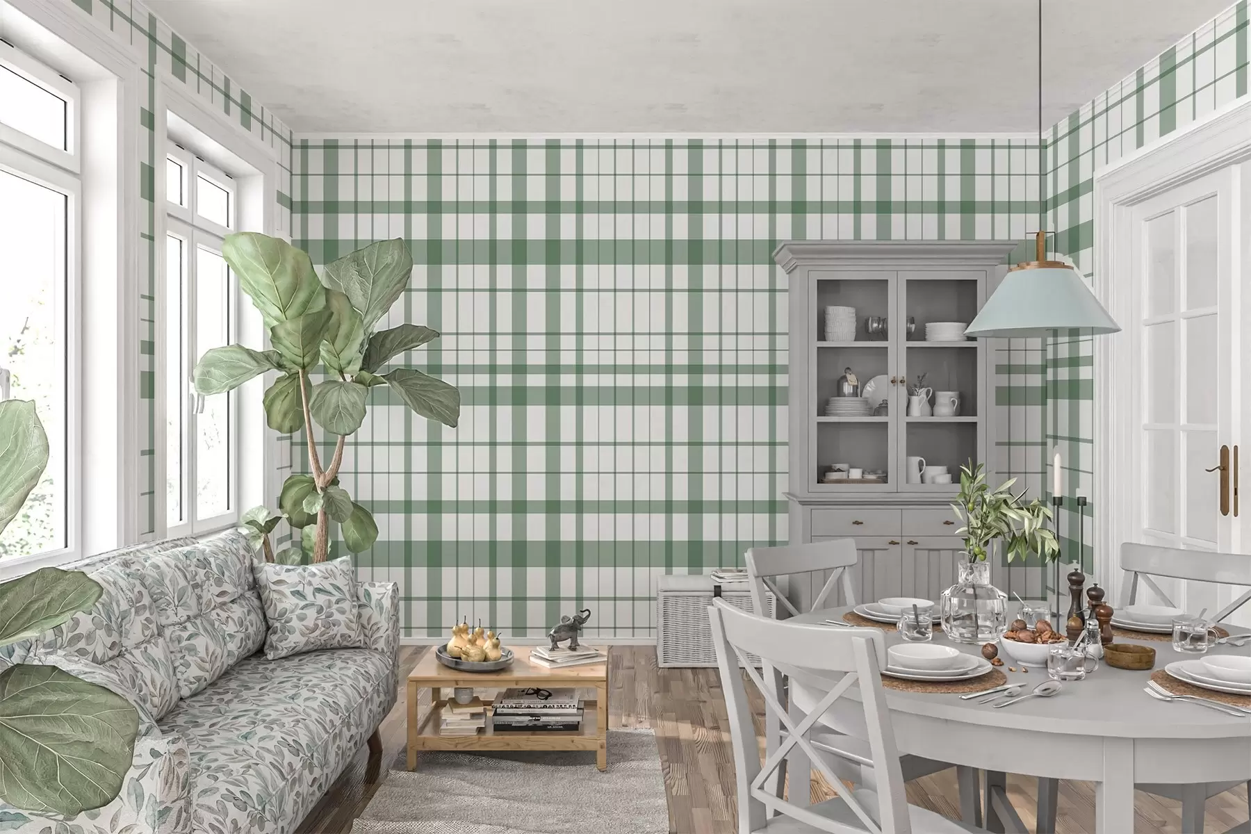murales de pared Diseño minimalista a cuadros con líneas finas y verdes sobre fondo blanco, austeridad geométrica. w02852v3