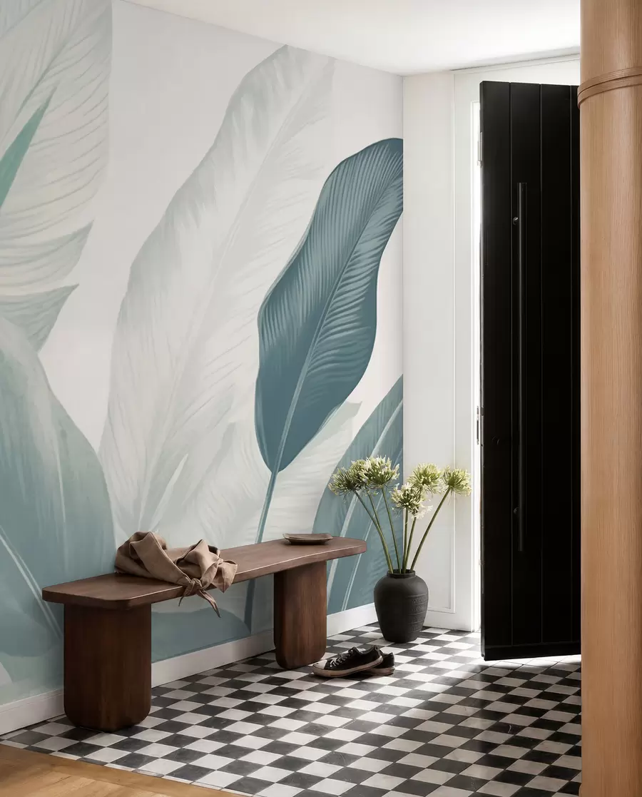 murales de pared Hojas tropicales en suaves tonos verdes y blancos, con transiciones de acuarela y delicados detalles de textura w02854v2