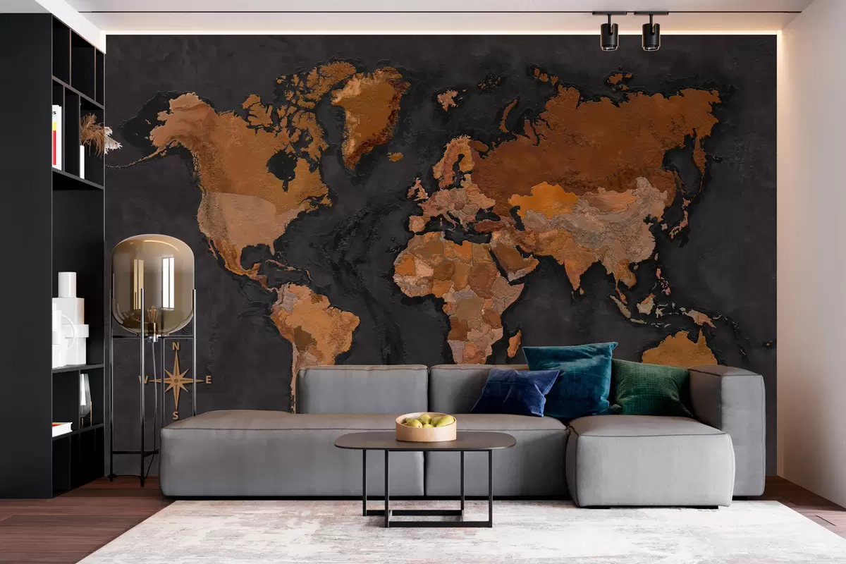 murales de pared Mapa del mundo en la pared grunge con efecto hormigón w02552