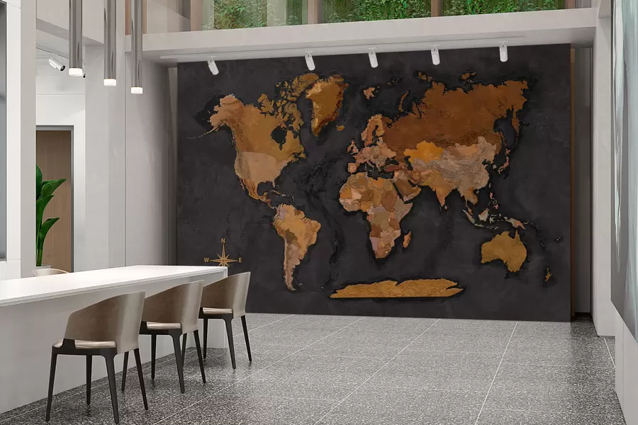 murales de pared Mapa del mundo en la pared grunge con efecto hormigón w02552