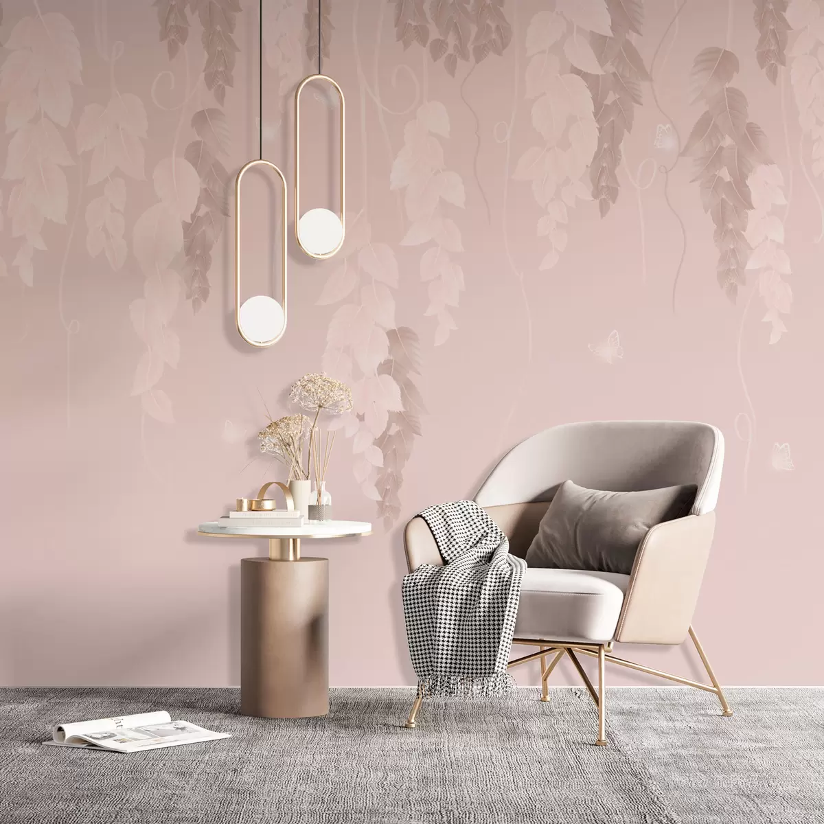 murales de pared Hojas colgantes y mariposas en rosa w02655