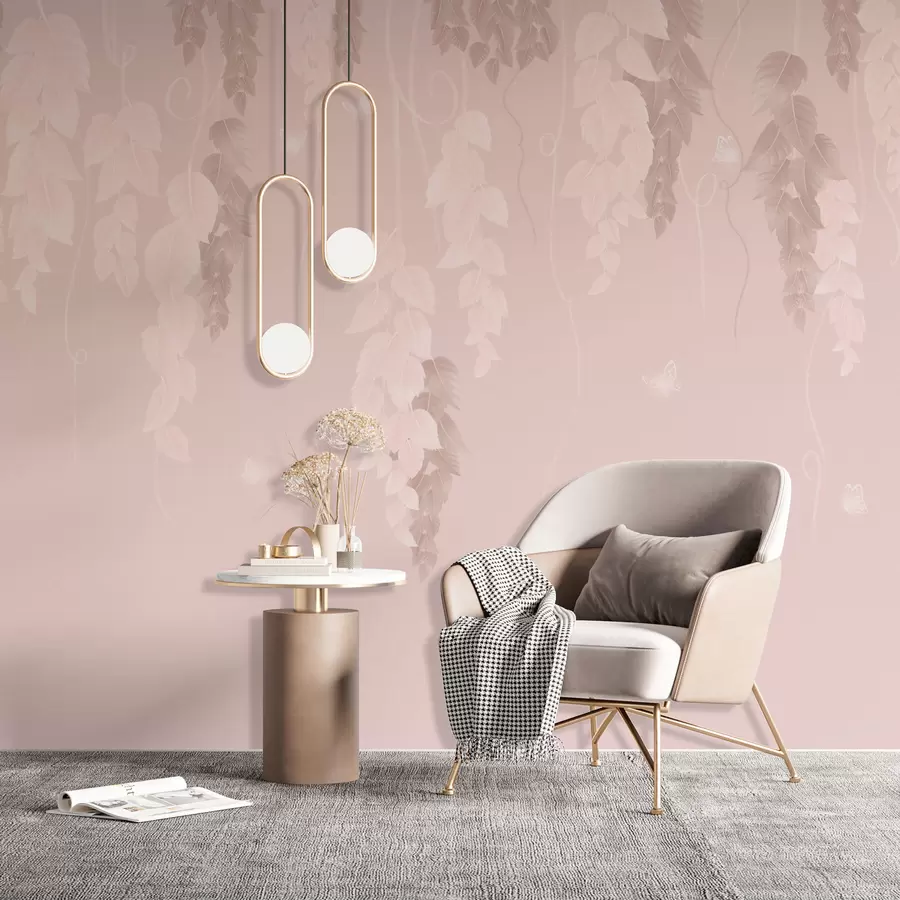 murales de pared Hojas colgantes y mariposas en rosa w02655