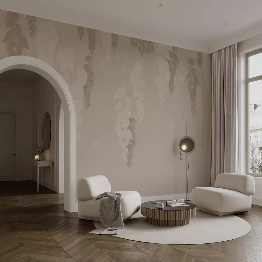 murales de pared Hojas colgantes y mariposas en beige w02655v2