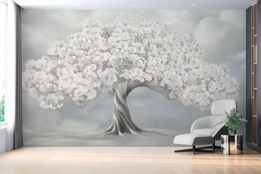 murales de pared Gran árbol en flor con nubes al fondo w02748