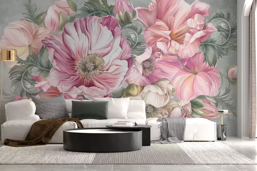 murales de pared Amapolas en flor sobre una pared gris w02749