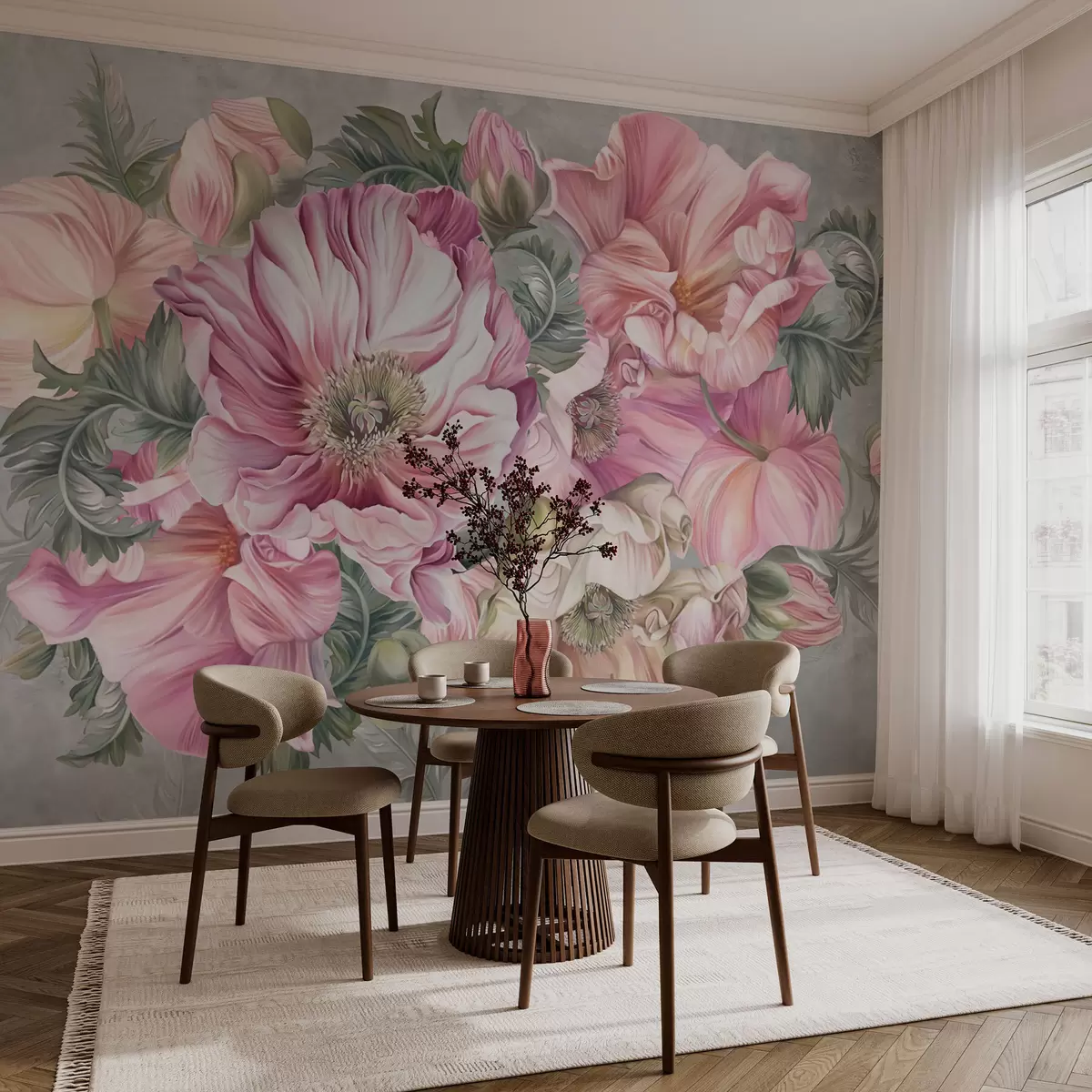 murales de pared Amapolas en flor sobre una pared gris w02749