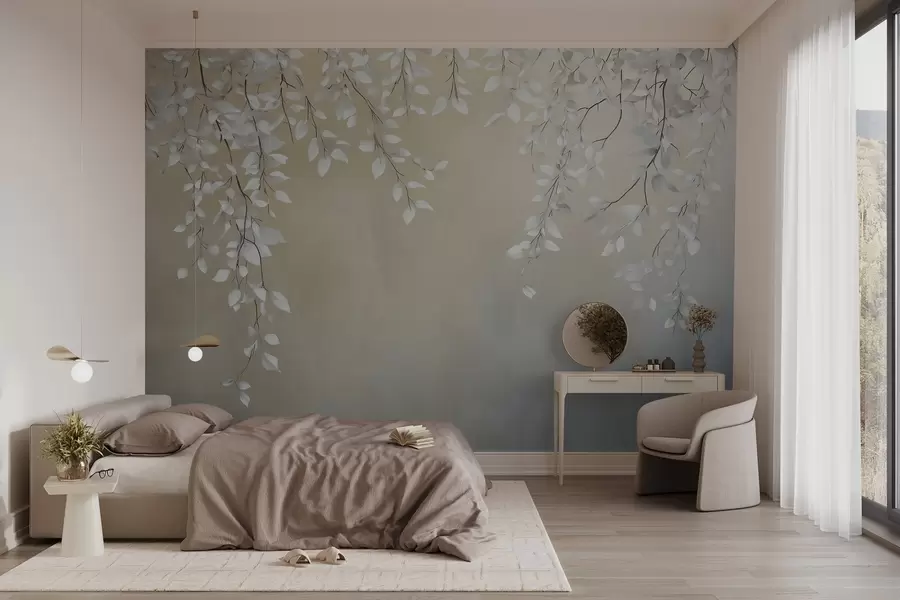 murales de pared Delicadas ramas con hojas blancas colgando w02868