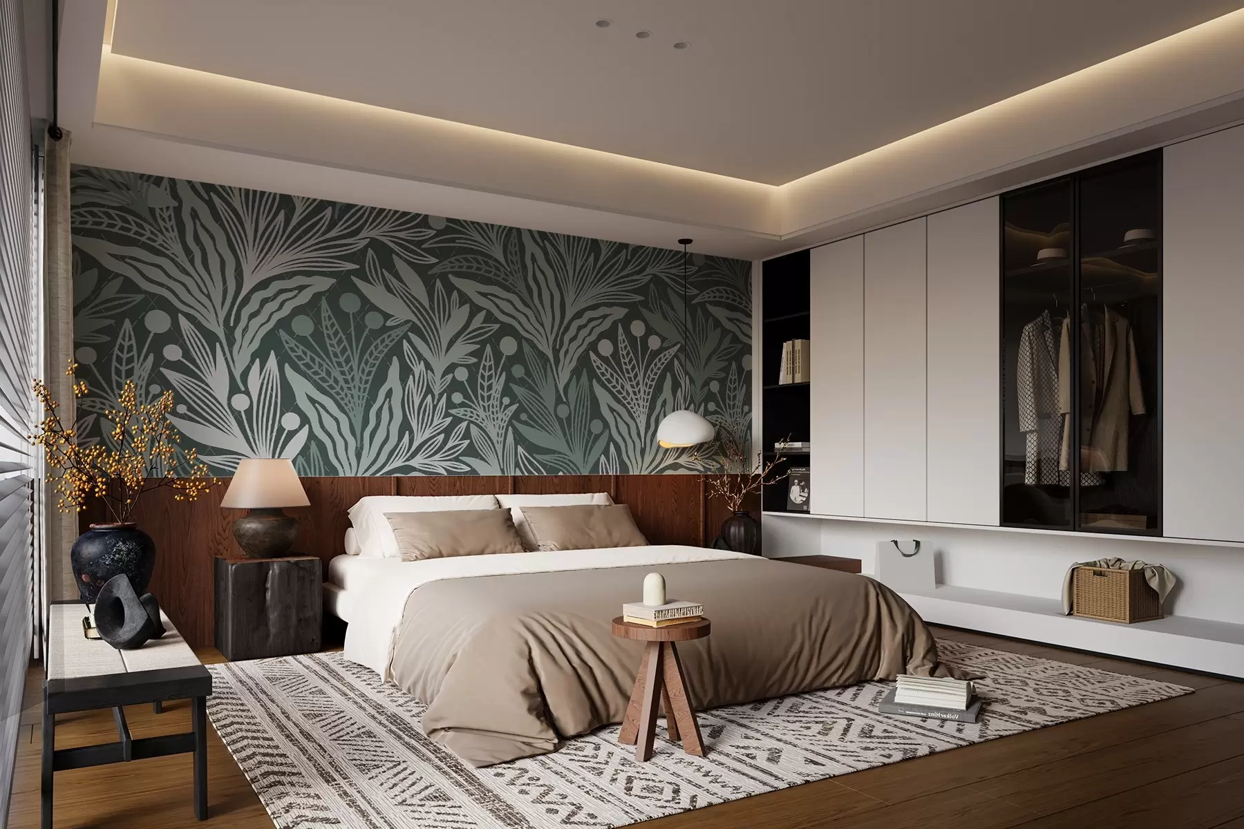 murales de pared Delicadas hojas gráficas con ribete verde w02783