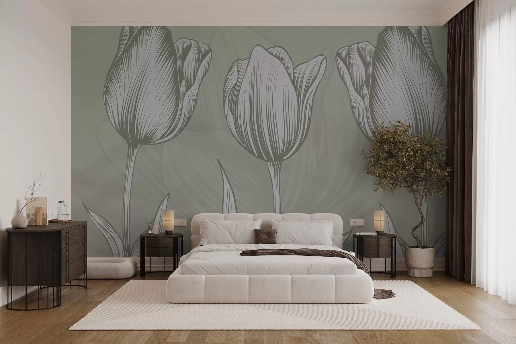 murales de pared Elegantes tulipanes sobre fondo verde w02786v2