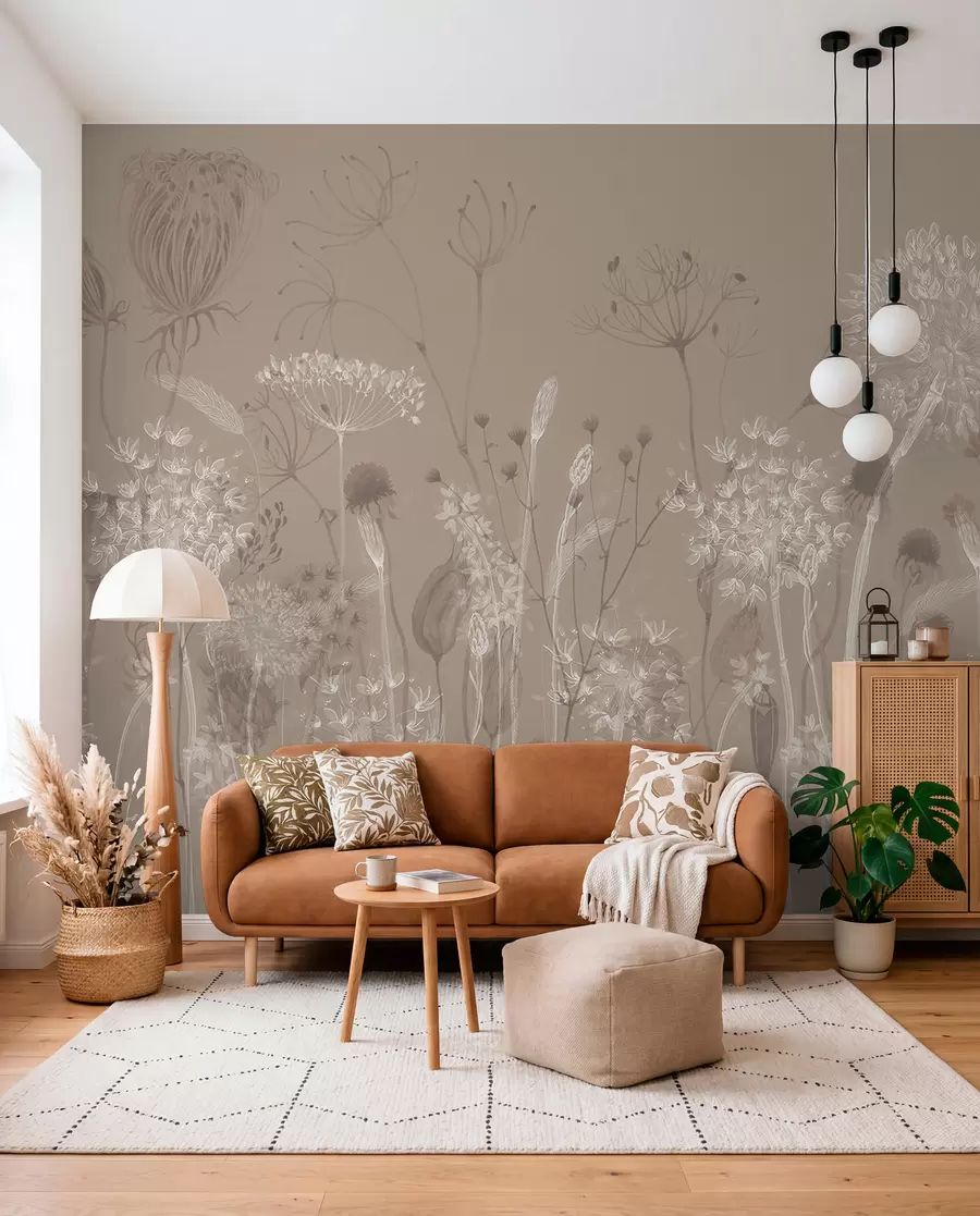 murales de pared Gracioso estampado con delicados dientes de león, plantas y flores silvestres en tonos beige-gris w08637v2
