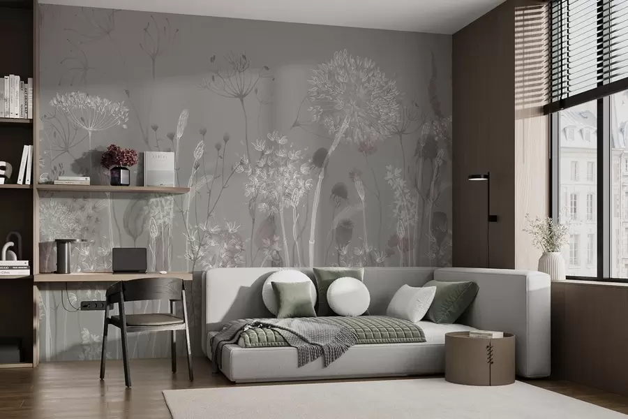 murales de pared Dientes de león y flores silvestres en estilo acuarela en tonos azul grisáceo w08637v3