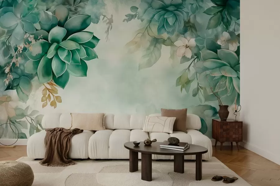 murales de pared Delicadas y exuberantes suculentas y elementos florales en estilo acuarela en tonos verdes w02874