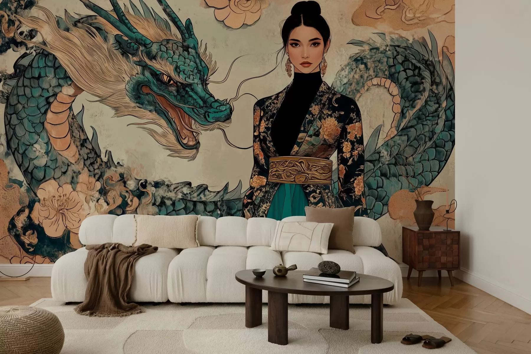 murales de pared Mujer con túnica y dragón, estilo oriental w02875