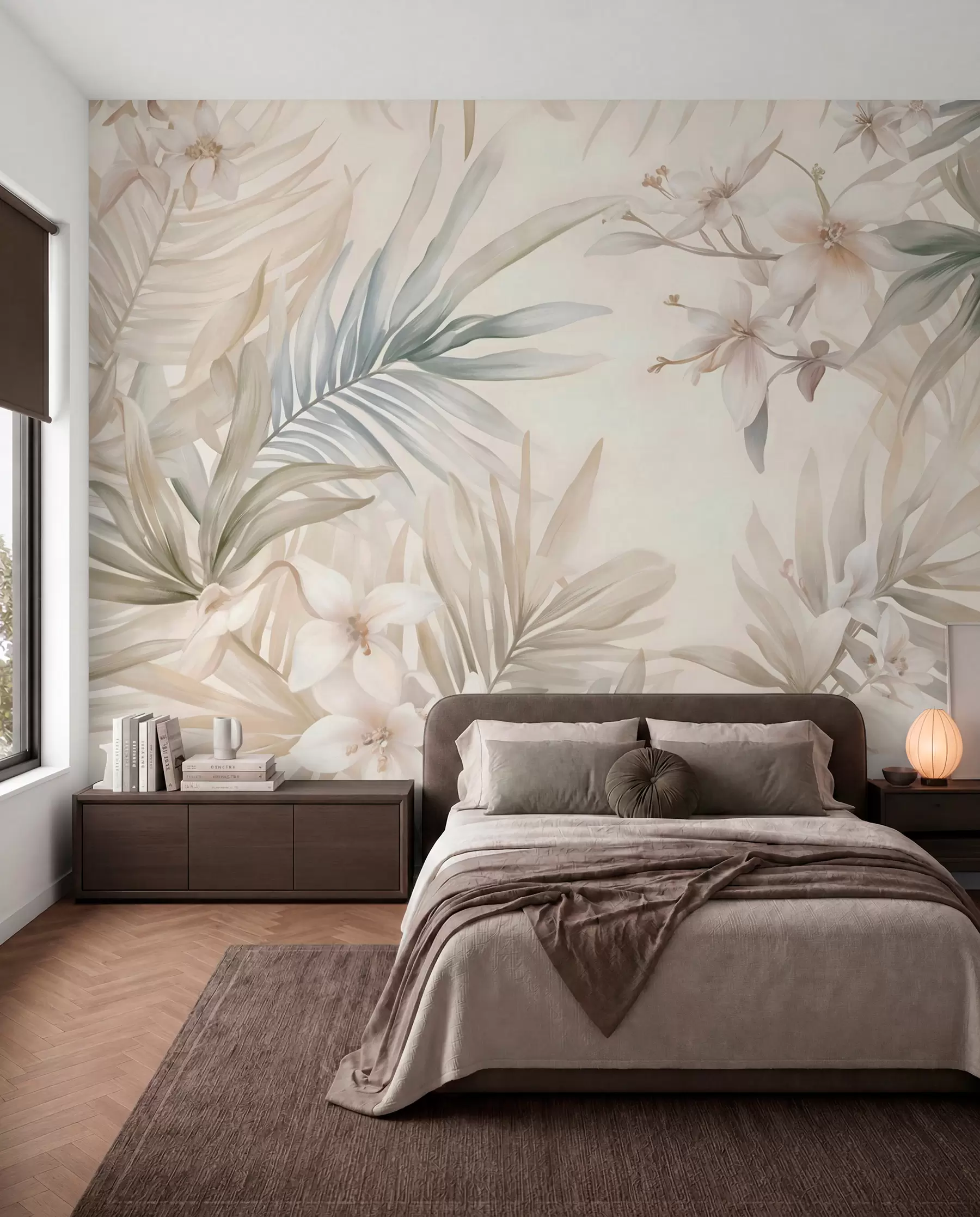 murales de pared Hojas y flores tropicales de colores pastel, con verdes claros, cremas y rosas sutiles w08660