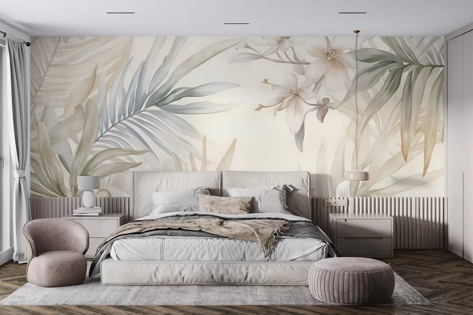 murales de pared Hojas y flores tropicales de colores pastel, con verdes claros, cremas y rosas sutiles w08660