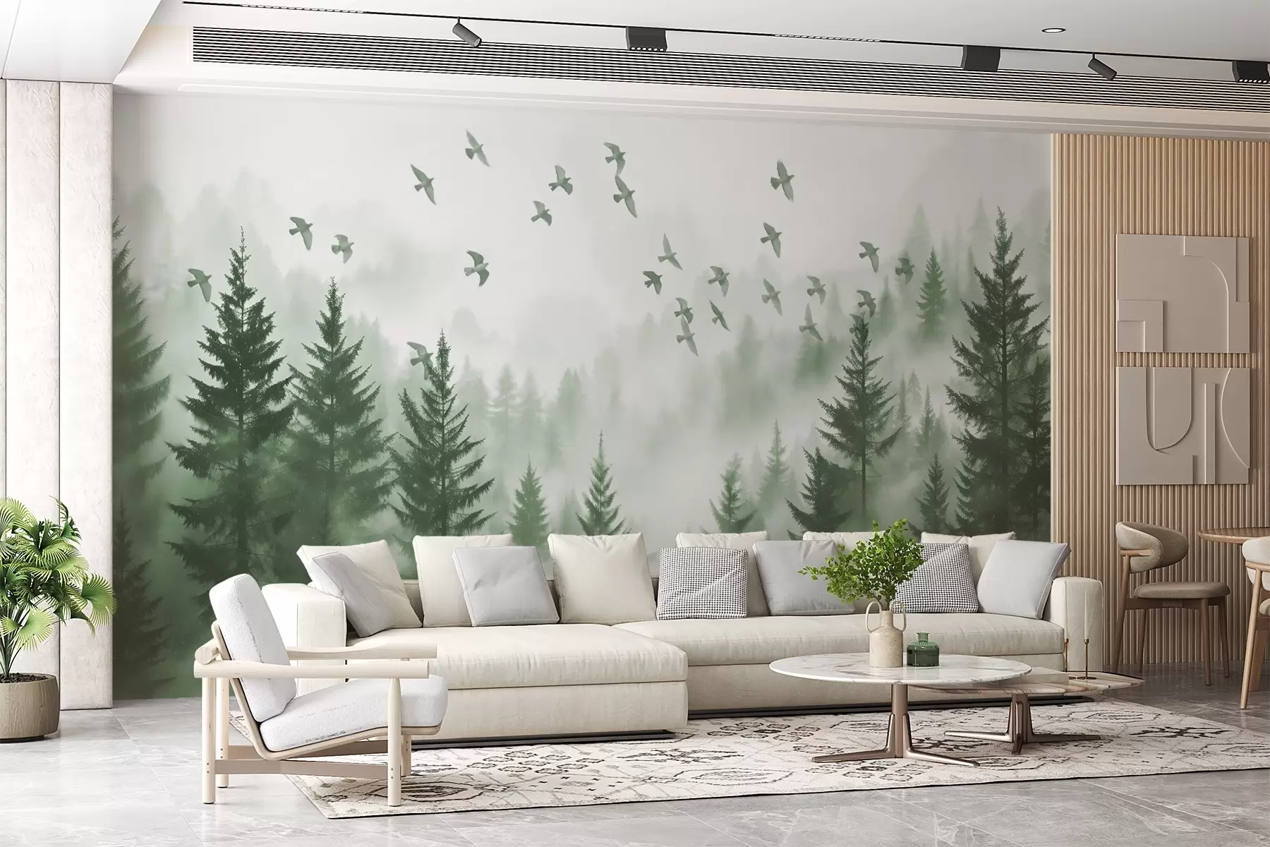 murales de pared Tranquilo bosque de niebla con árboles en tonos verdes y bandadas de pájaros volando en el cielo  w08664v1