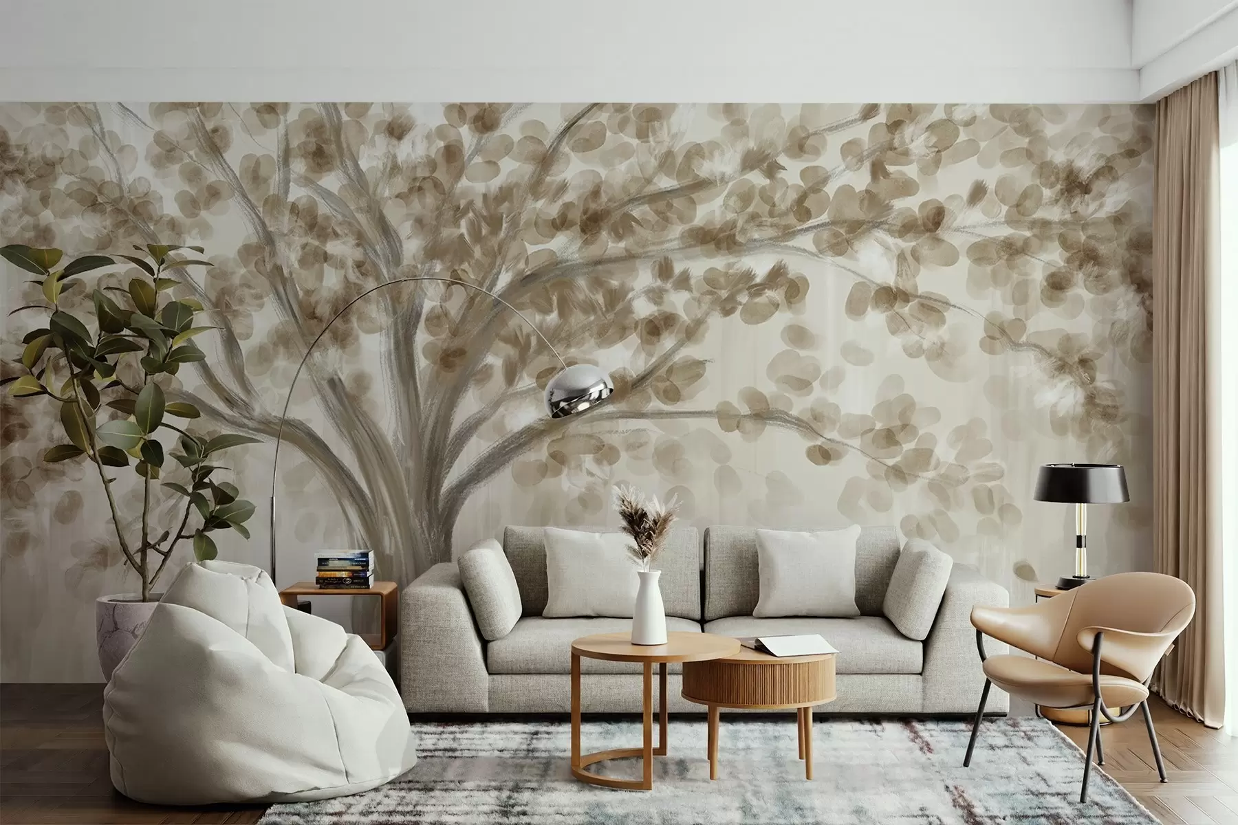 murales de pared Un gran árbol con hojas suaves y abstractas de color beige sobre un fondo claro y neutro que realza los tonos del árbol  w08669