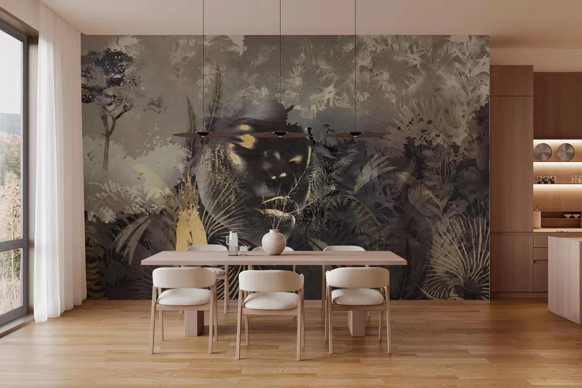 murales de pared África mágica con selva tropical, elementos femeninos y vectoriales con tinte marrón w02642v2