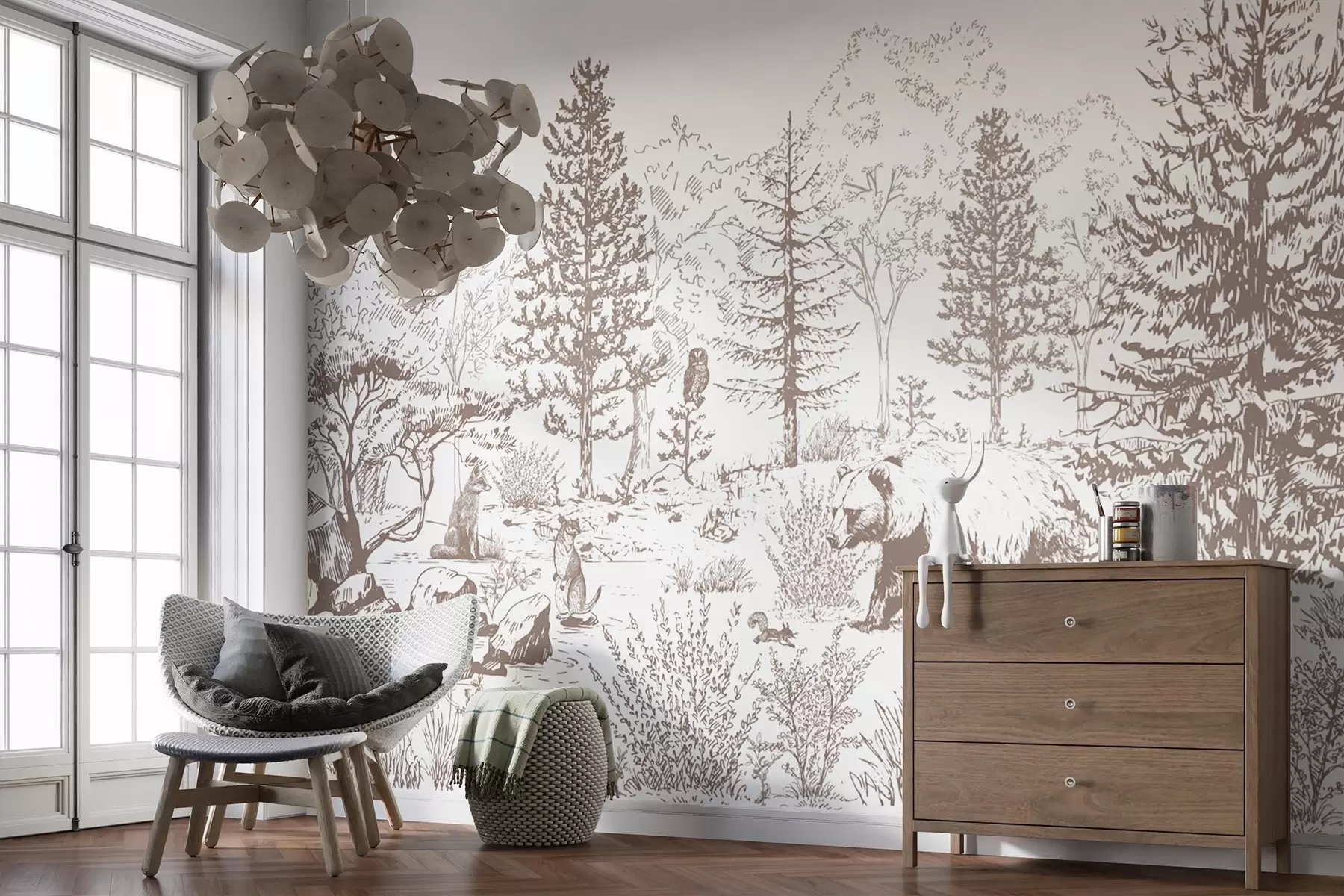 murales de pared Vida en el bosque, árboles, animales salvajes, oso, zorro, búho, arbustos, dibujo a lápiz, colores beige w02929