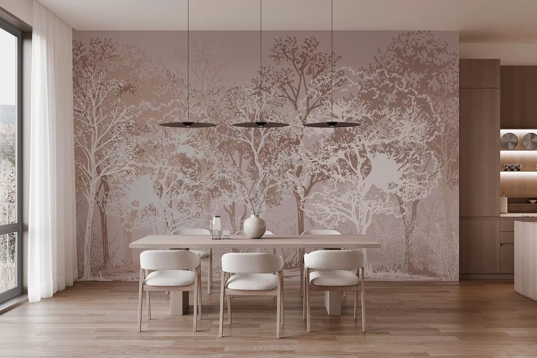 murales de pared Árboles en el bosque, minimalismo, naturaleza, paleta de colores beige  w02930