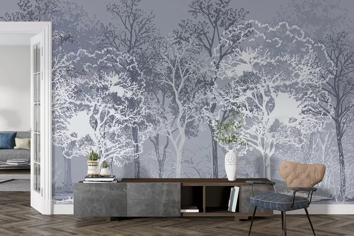murales de pared Árboles en el bosque, minimalismo, naturaleza, paleta de colores azules  w02930v2