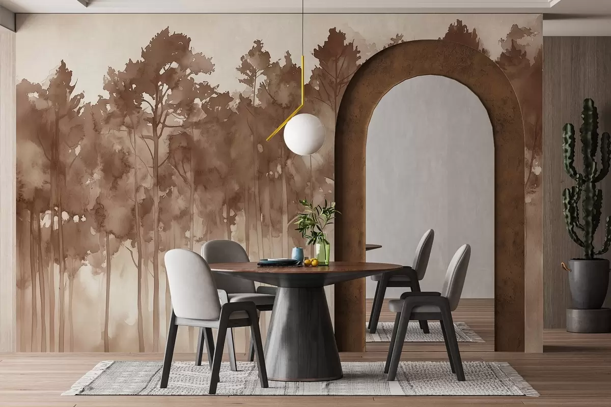 murales de pared Bosque estilo acuarela, pinos, paisaje natural, colores beige w02937v1