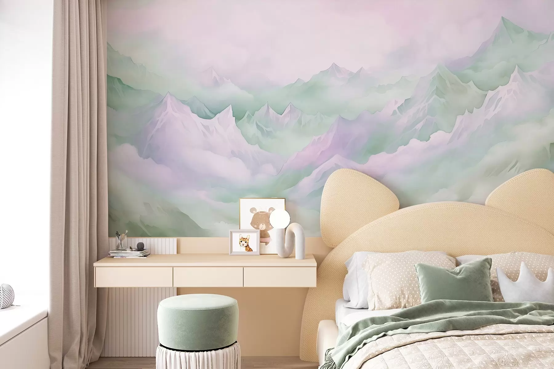 murales de pared Montañas etéreas con nubes, estilo acuarela, suaves colores verde y rosa w02943v1