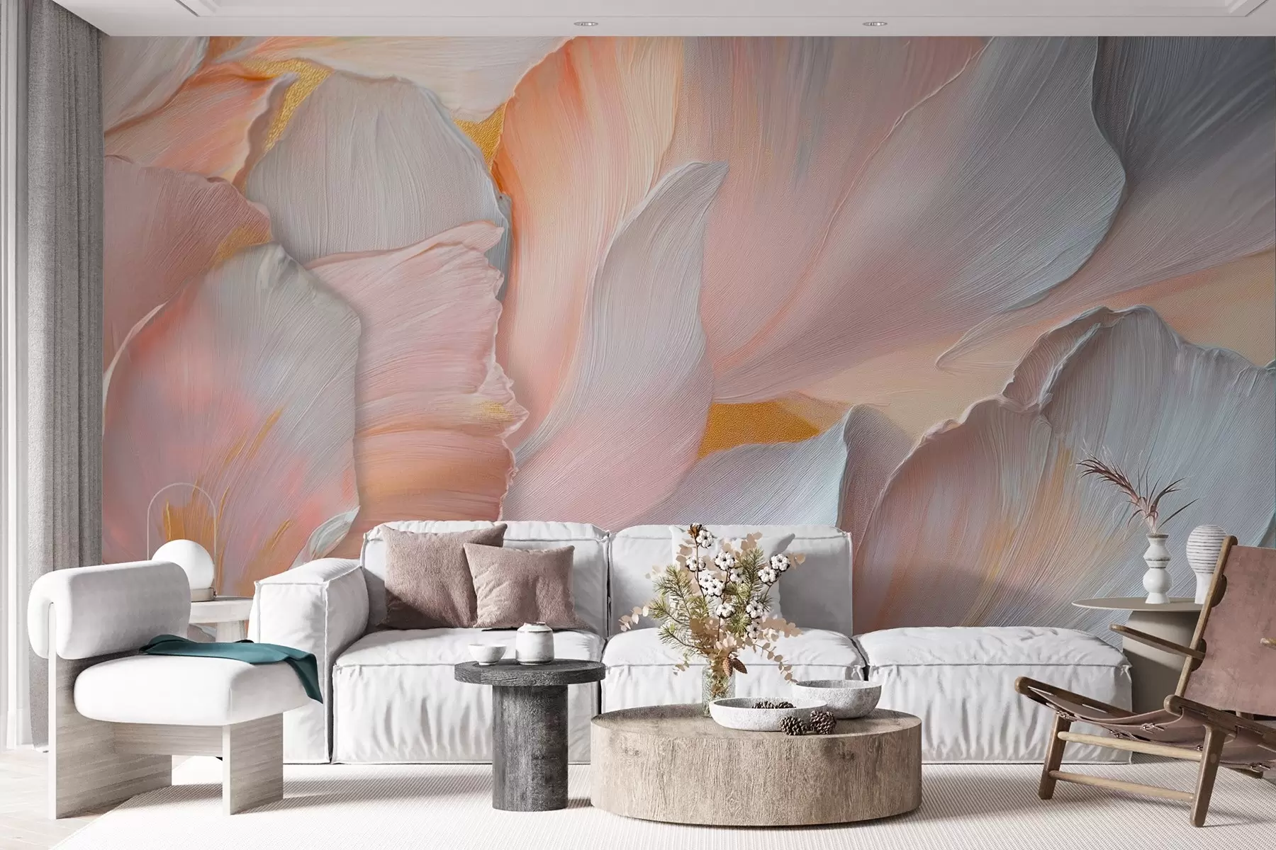 murales de pared Voluminosas hojas florales en tonos delicados w08634