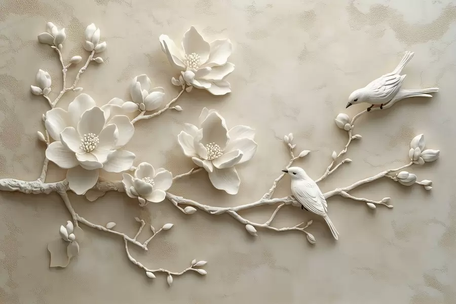 murales de pared ramas de magnolia en 3D con pájaros w08690