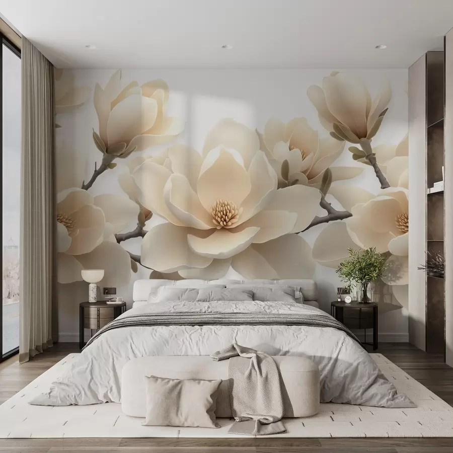 murales de pared Flores de magnolia beige en tono crema sobre fondo blanco w08692