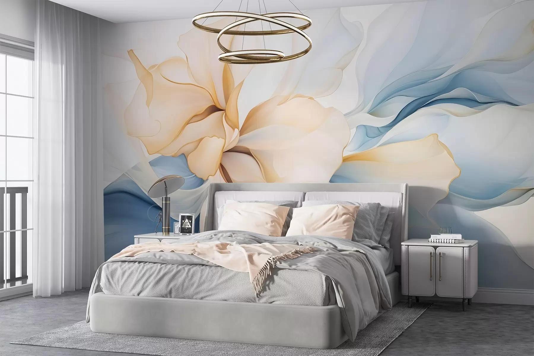 murales de pared Pétalos florales abstractos fluidos de formas translúcidas y superpuestas en colores pastel, en tonos melocotón y azul w08701