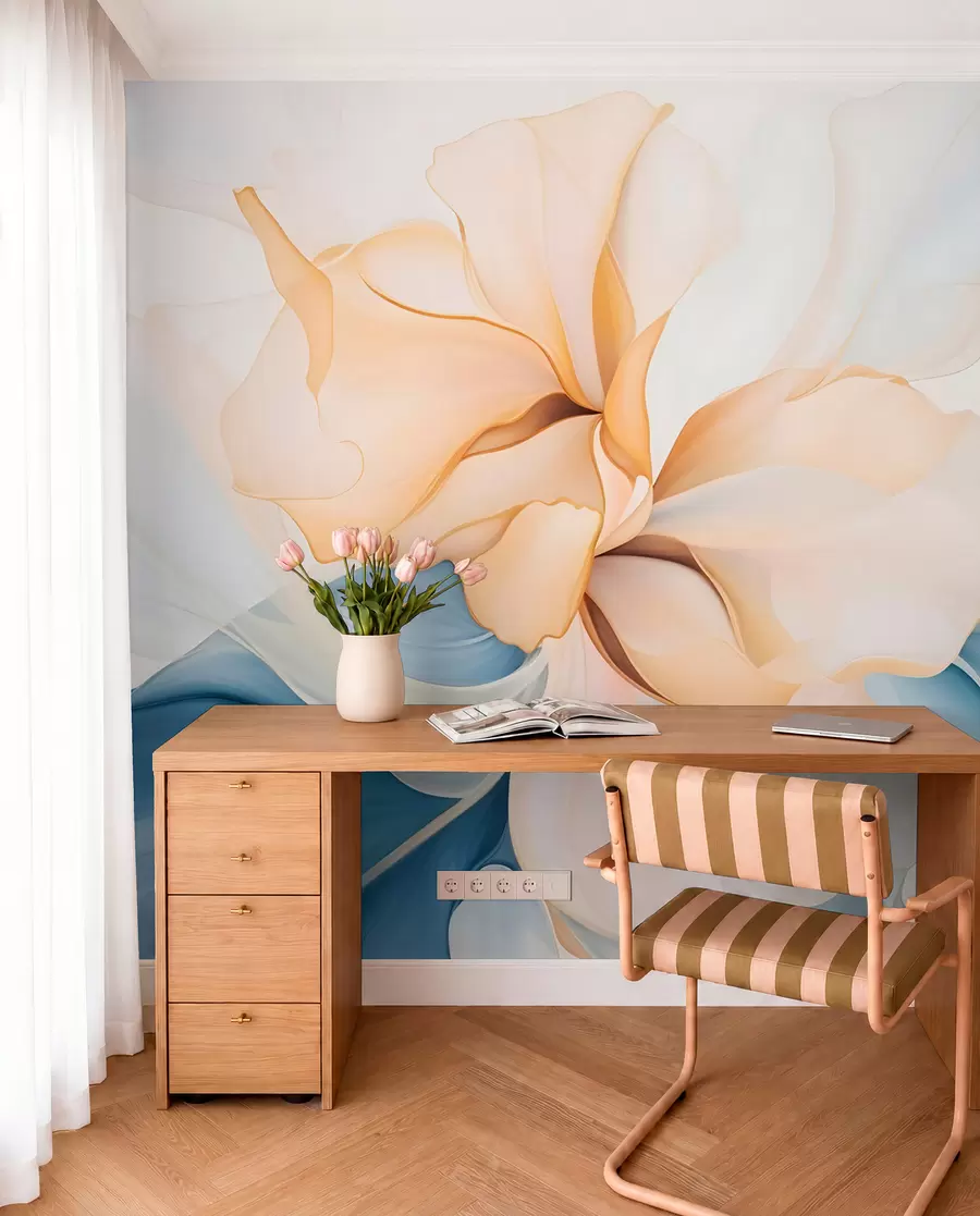 murales de pared Pétalos florales abstractos fluidos de formas translúcidas y superpuestas en colores pastel, en tonos melocotón y azul w08701