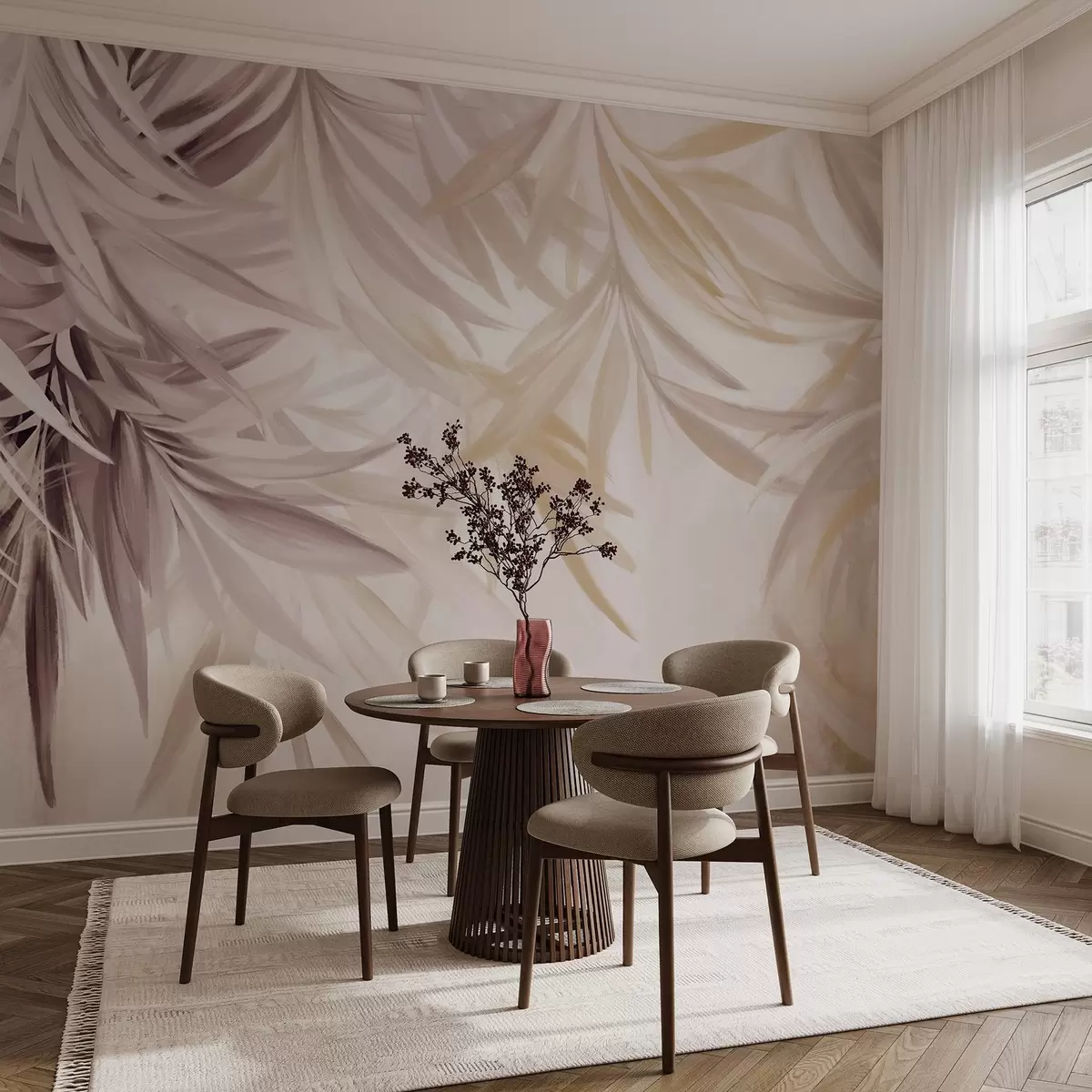 murales de pared Suaves hojas tropicales de colores claros en tonos marrones y naranjas, que se funden en un estampado pálido y neutro w08703v1